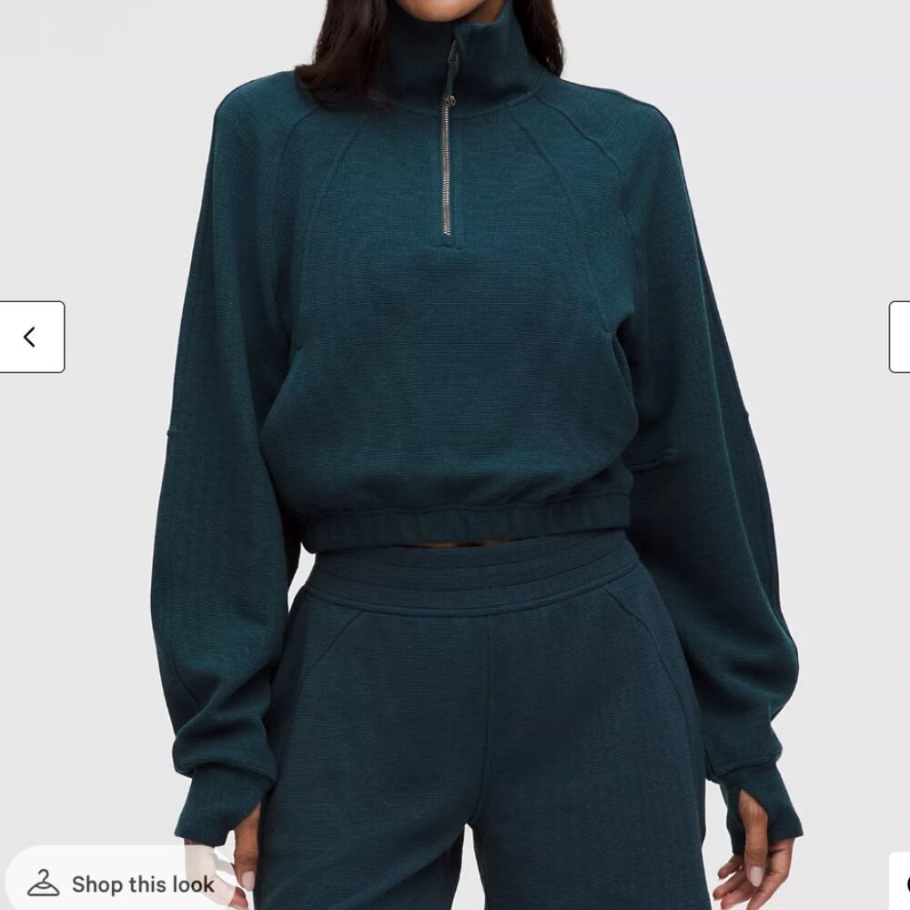 129 LULULEMON Scuba Cropped Funnel-Half Zip Waffle HEATHERED Indochine Blue